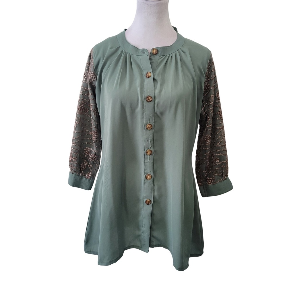 Shopping Zone BD Women M Tunic Blouse Sage Green Lace Pearl Sleeve Button Up